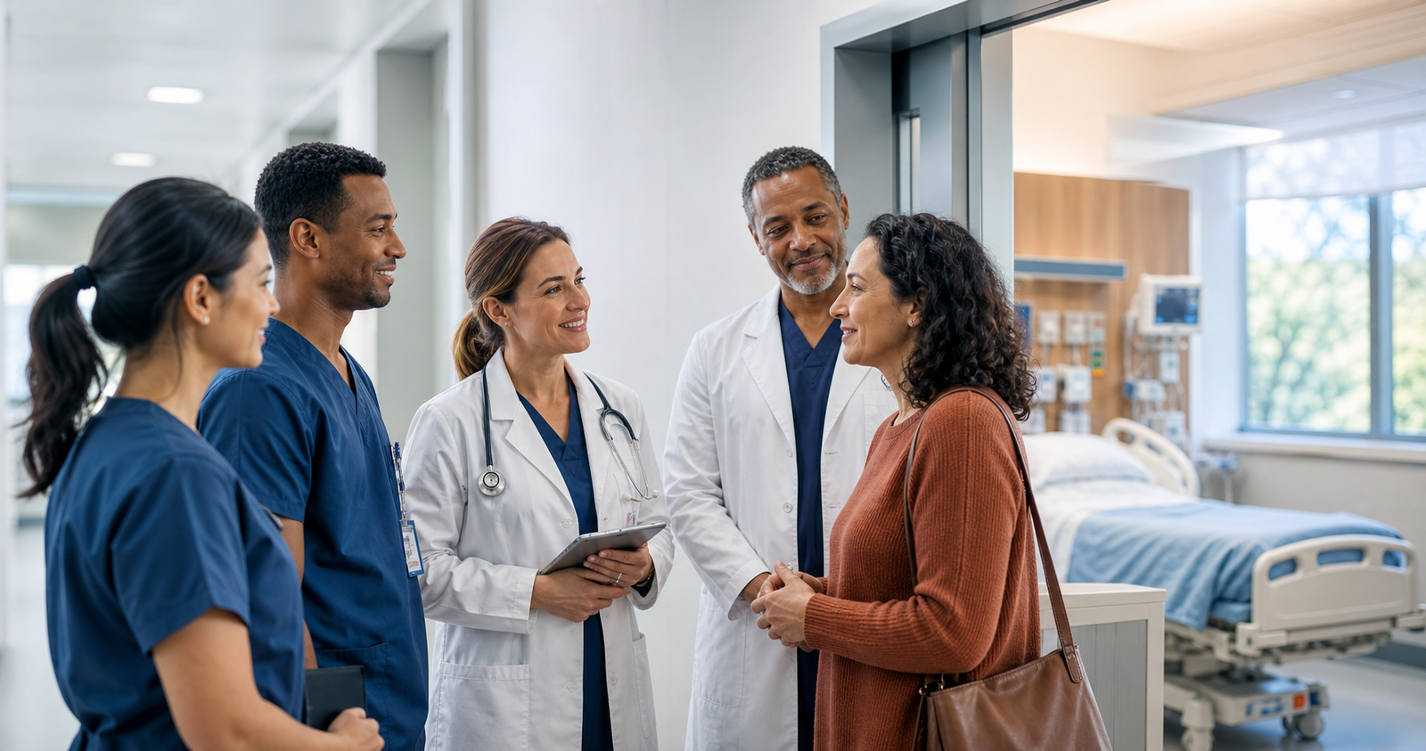 Clinicians and family member discussing care